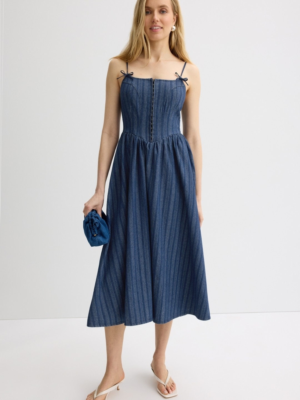 Moon River Denim-Blue Striped Button-Front Midi Dress